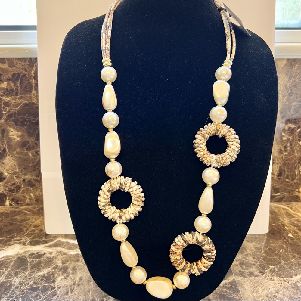 Long Faux Snakeskin Graduated Pearl Mixed Shape Necklace by Gardenia Jewelry-NWT
